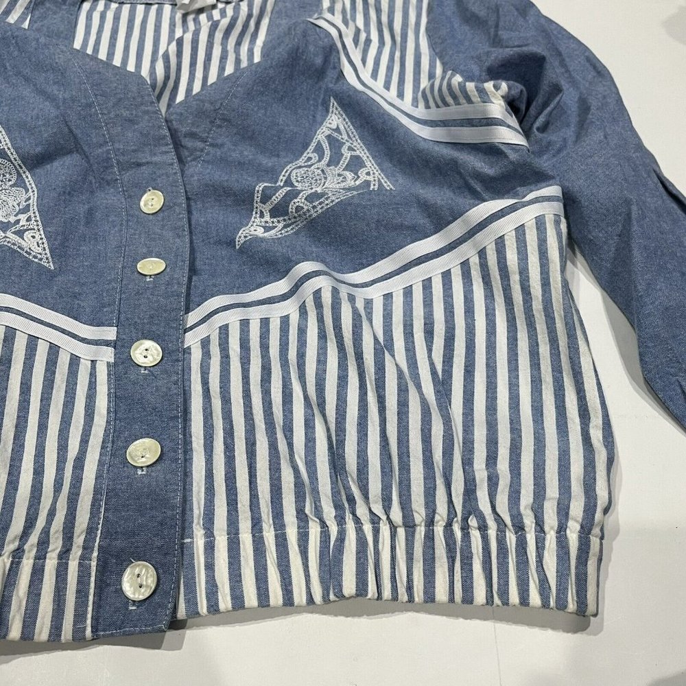 Vintage 80s Blue White Striped Cotton Pearl Button Oversized Jacket Women Medium - Picture 4 of 16